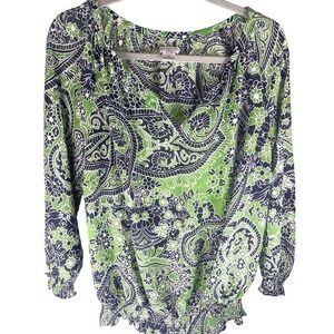 Liz Claiborne Woman 1X Green Paisly Black Boho Long‎ Sleeve Blouse Top Y2K Boho